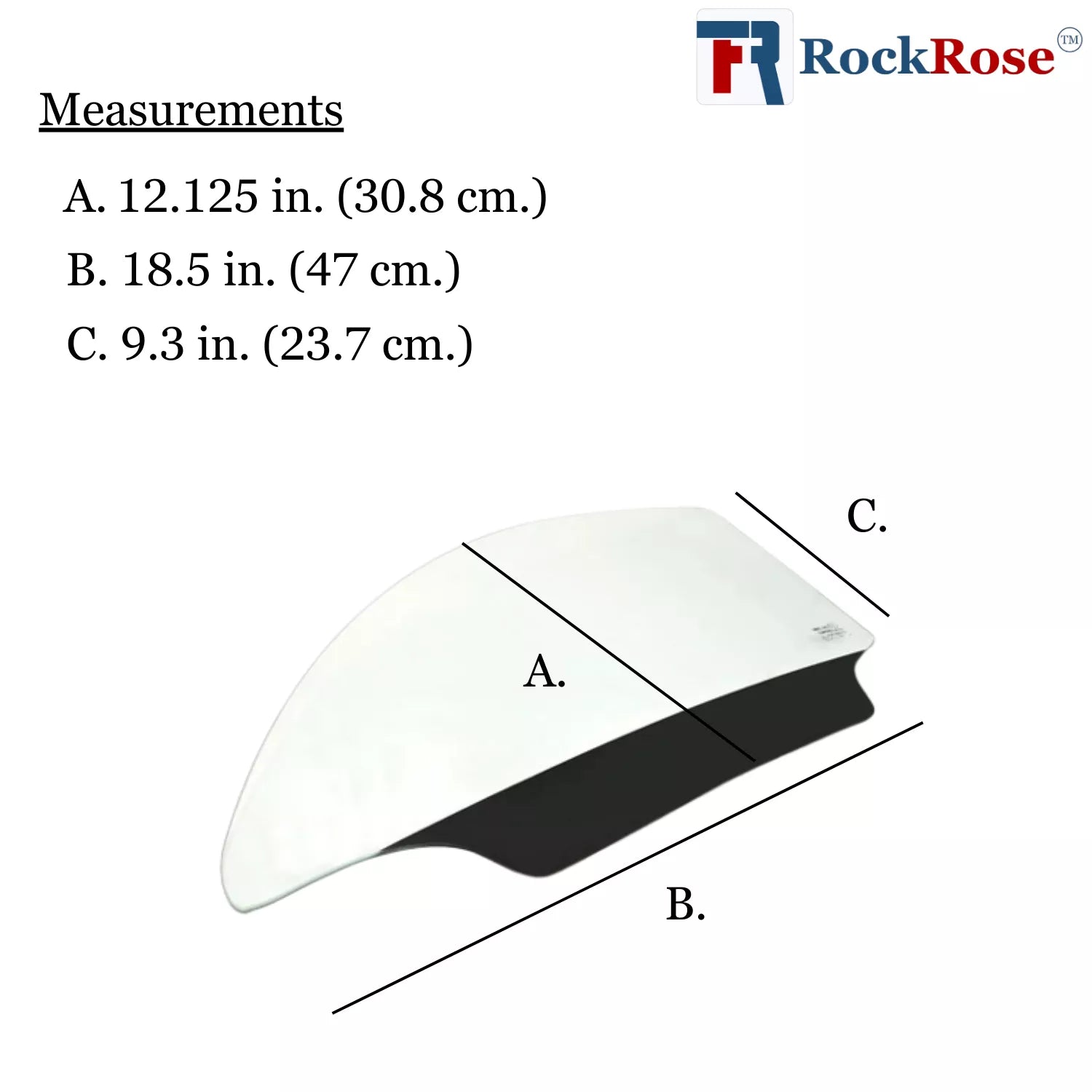 Measurement chart of a motorcycle windshield with RockRose branding