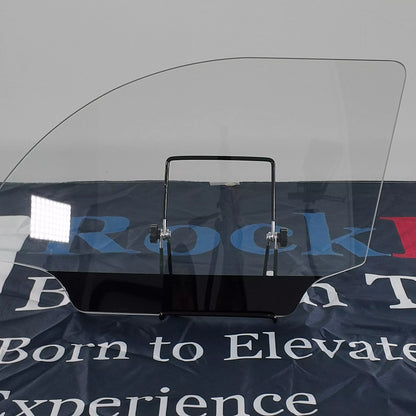 Clear windshield with black frame on a branded background