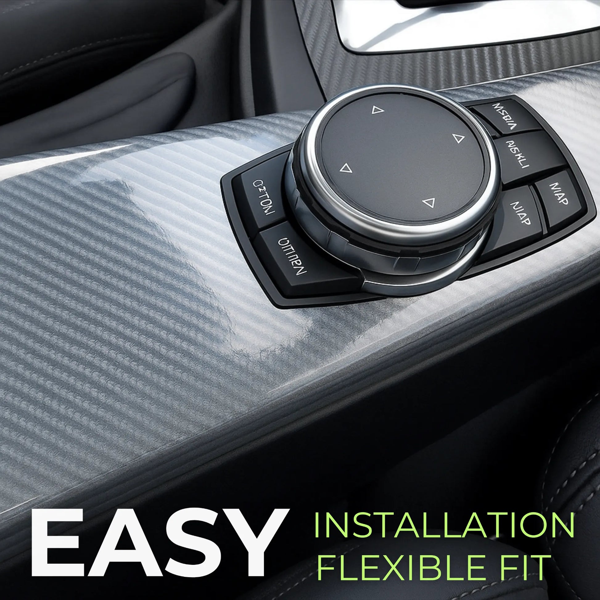 Interior car console wrapped in RockRose 7D carbon fiber film, demonstrating easy installation and flexible fit around control surfaces.