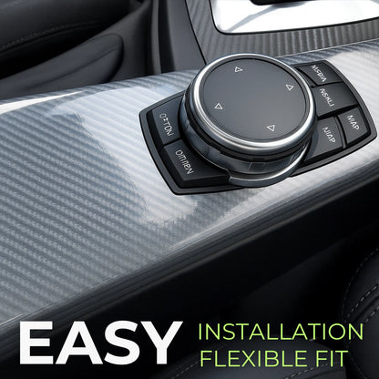 Interior car console wrapped in RockRose 7D carbon fiber film, demonstrating easy installation and flexible fit around control surfaces.