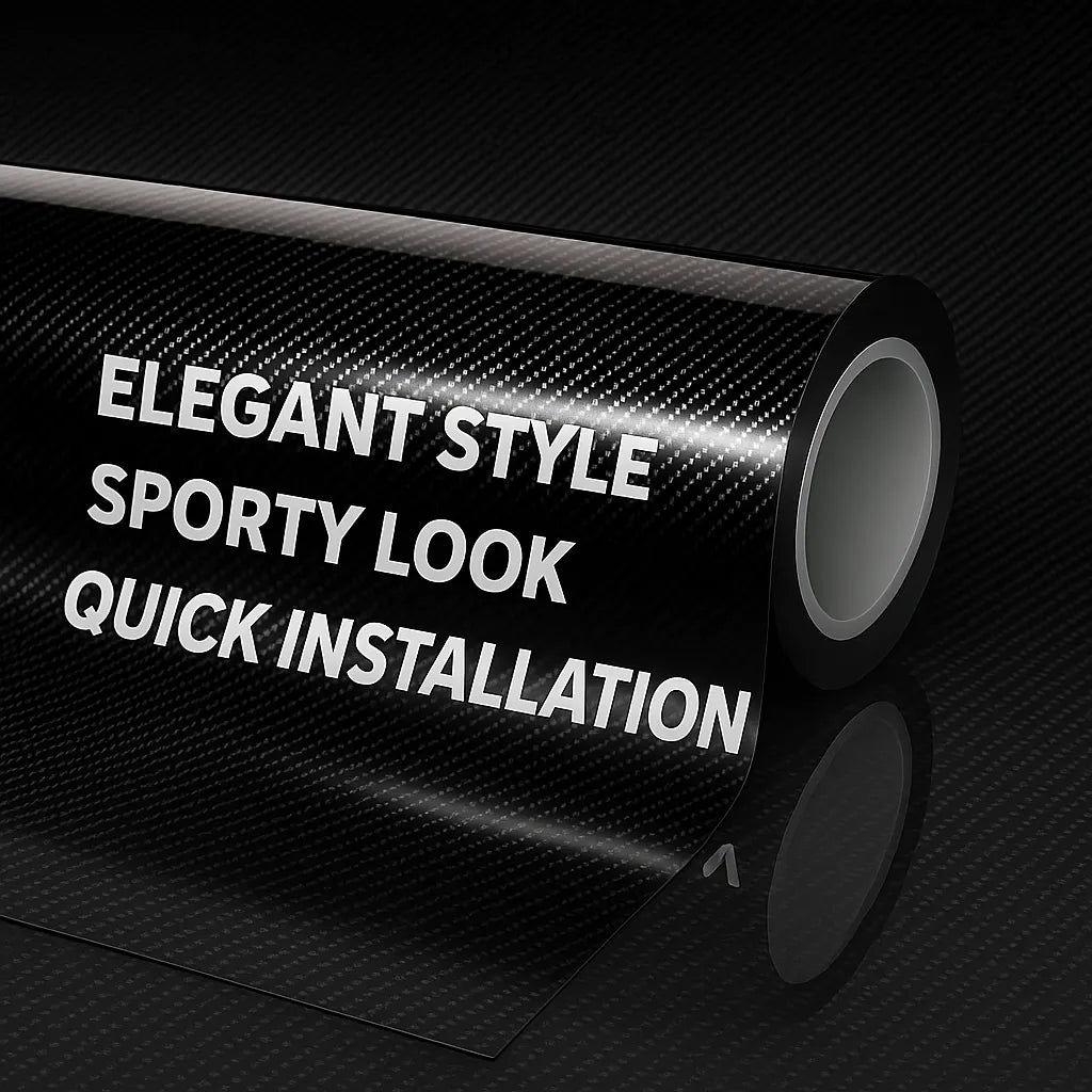Roll of carbon fiber vinyl wrap with text on a black background