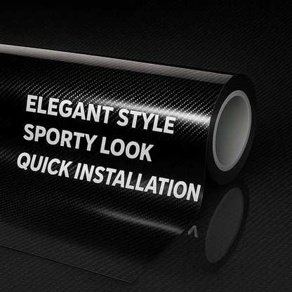 Roll of carbon fiber vinyl wrap with text on a black background