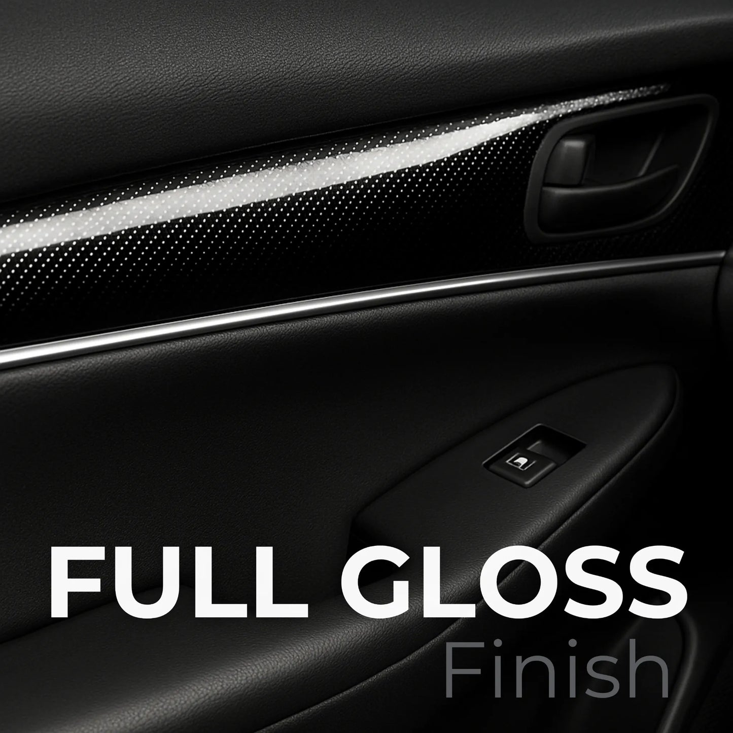Door panel wrapped in 7D carbon fiber film featuring a full gloss finish for a sleek, premium interior upgrade.