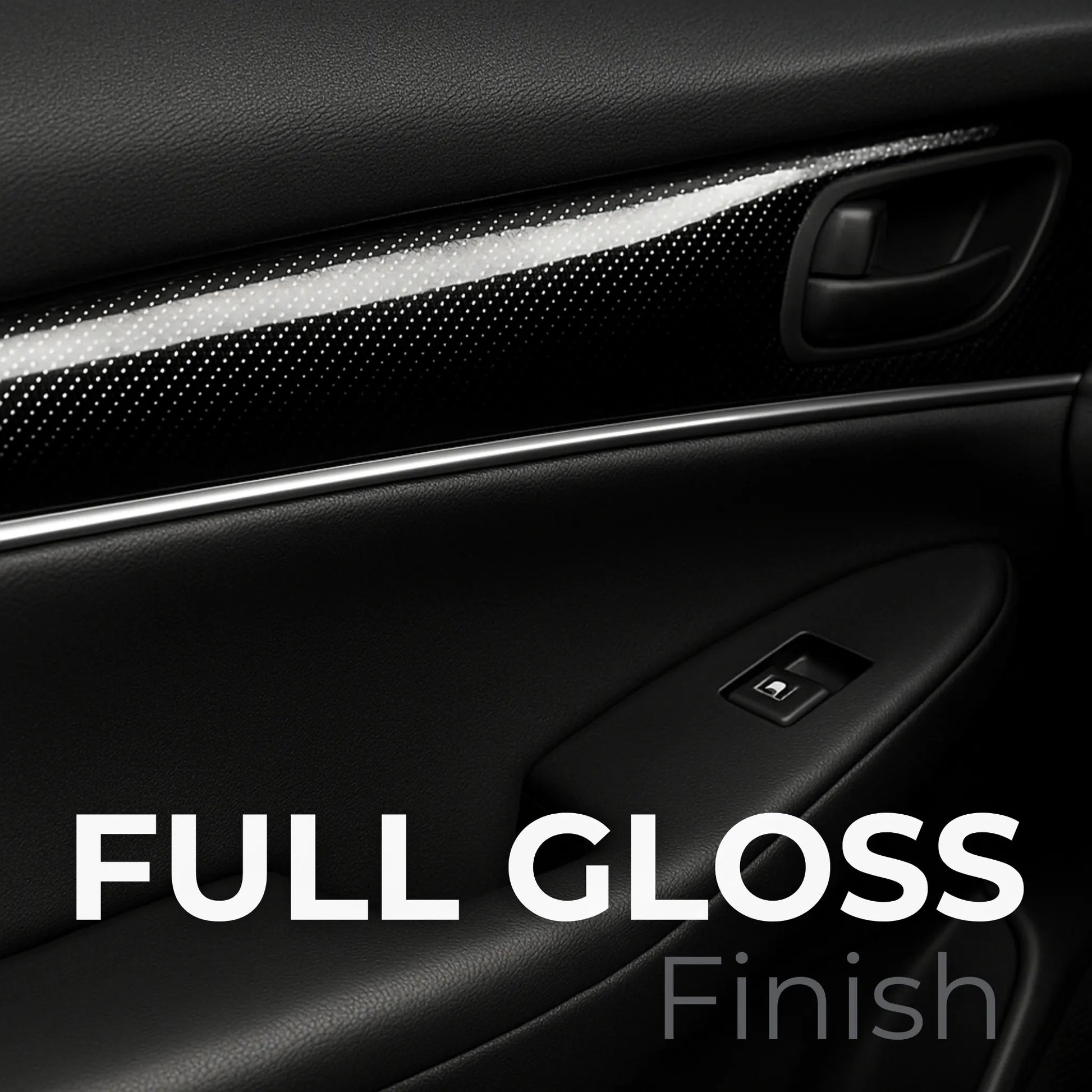 Door panel wrapped in 7D carbon fiber film featuring a full gloss finish for a sleek, premium interior upgrade.