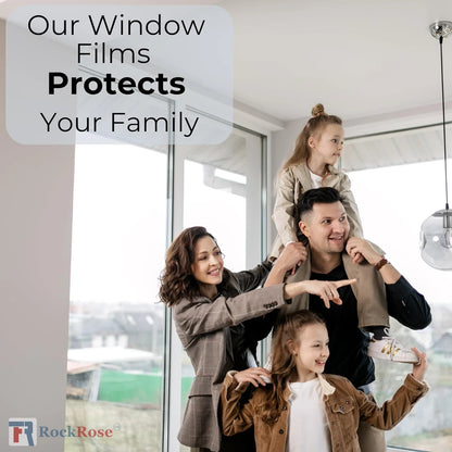 Family standing by a window with text 'Our Window Films Protects Your Family' and RockRose logo.