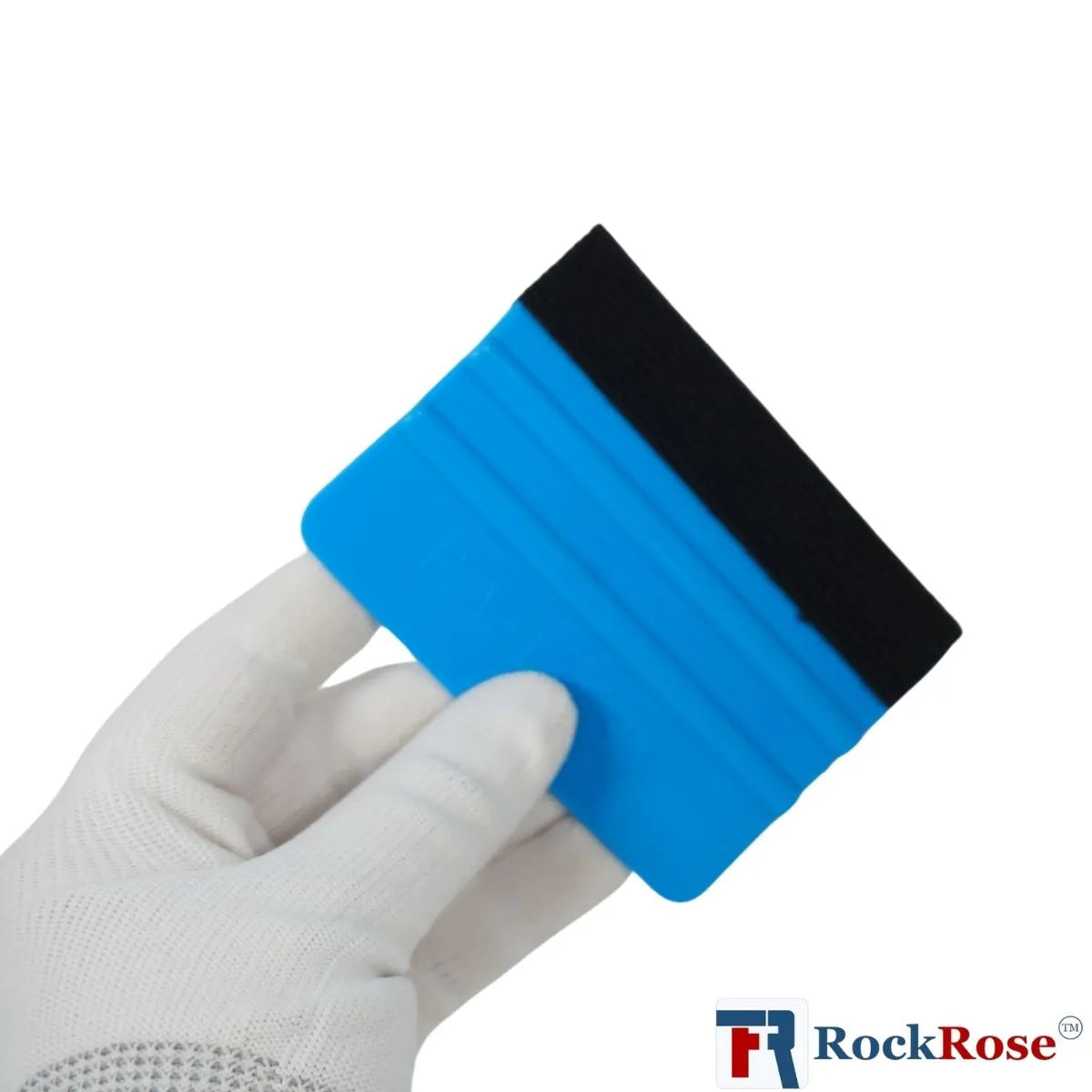 Blue squeegee held by a gloved hand on a white background with RockRose logo.