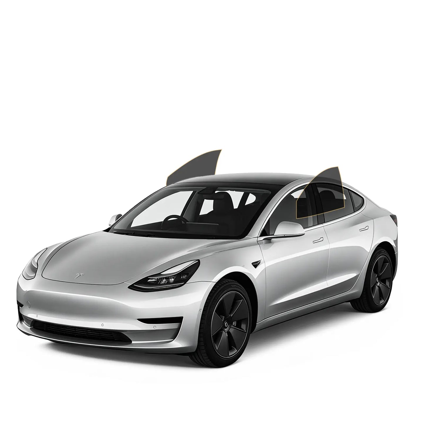Silver tesla car on a white background with front door precut tint