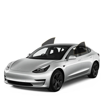 Silver tesla car on a white background with front door precut tint