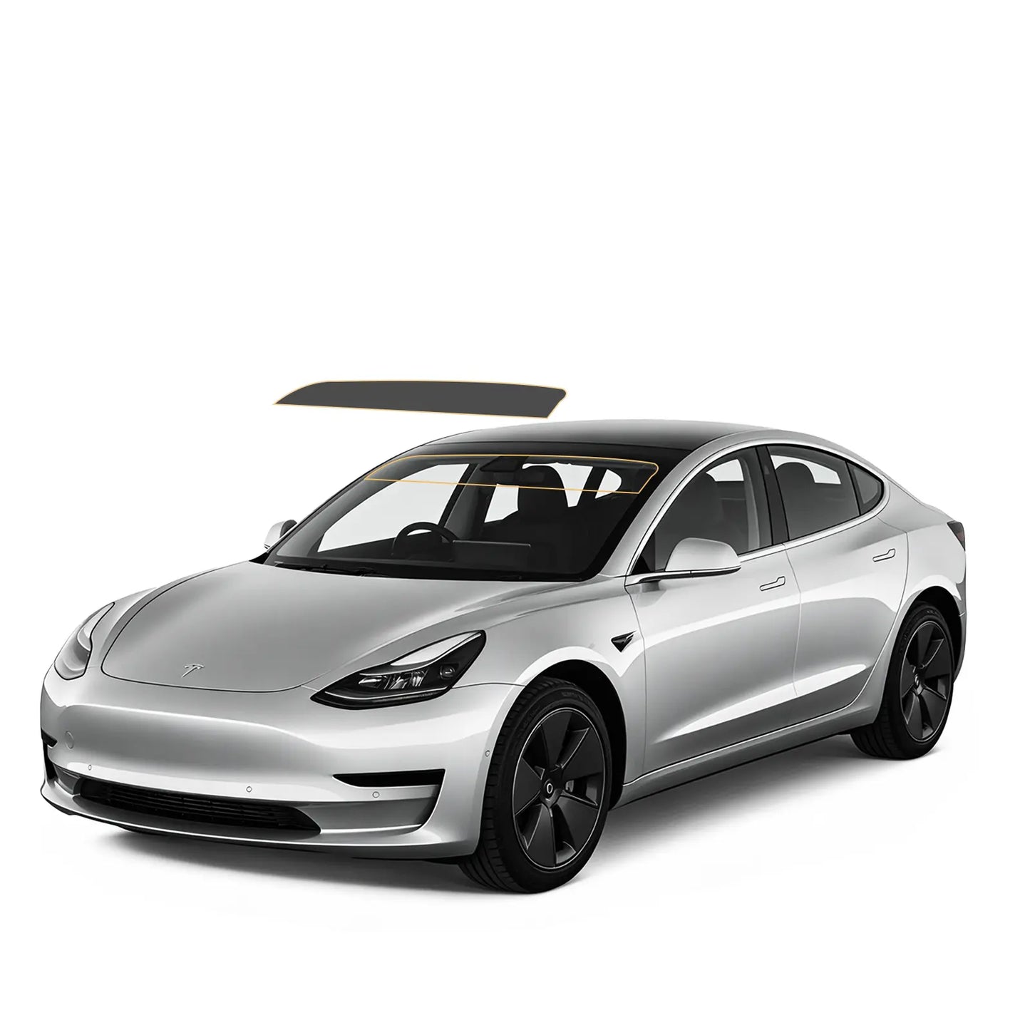 Silver tesla car on a white background showing precut tint front visor