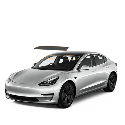 Silver tesla car on a white background showing precut tint front visor