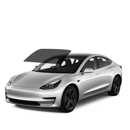 Silver tesla car with precut tint on front winshield