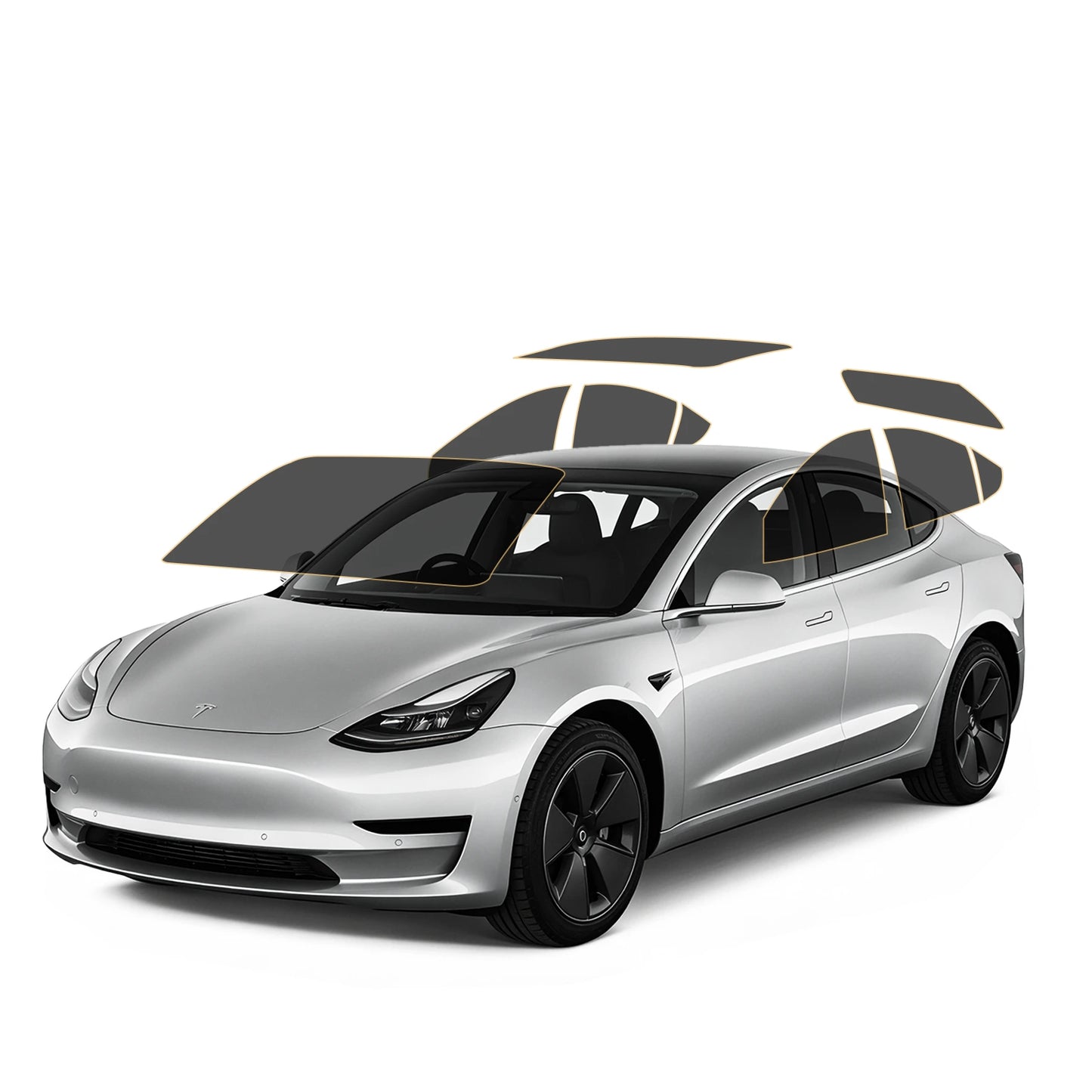 Silver Tesla car with precut tint black roof and wheels on a white background