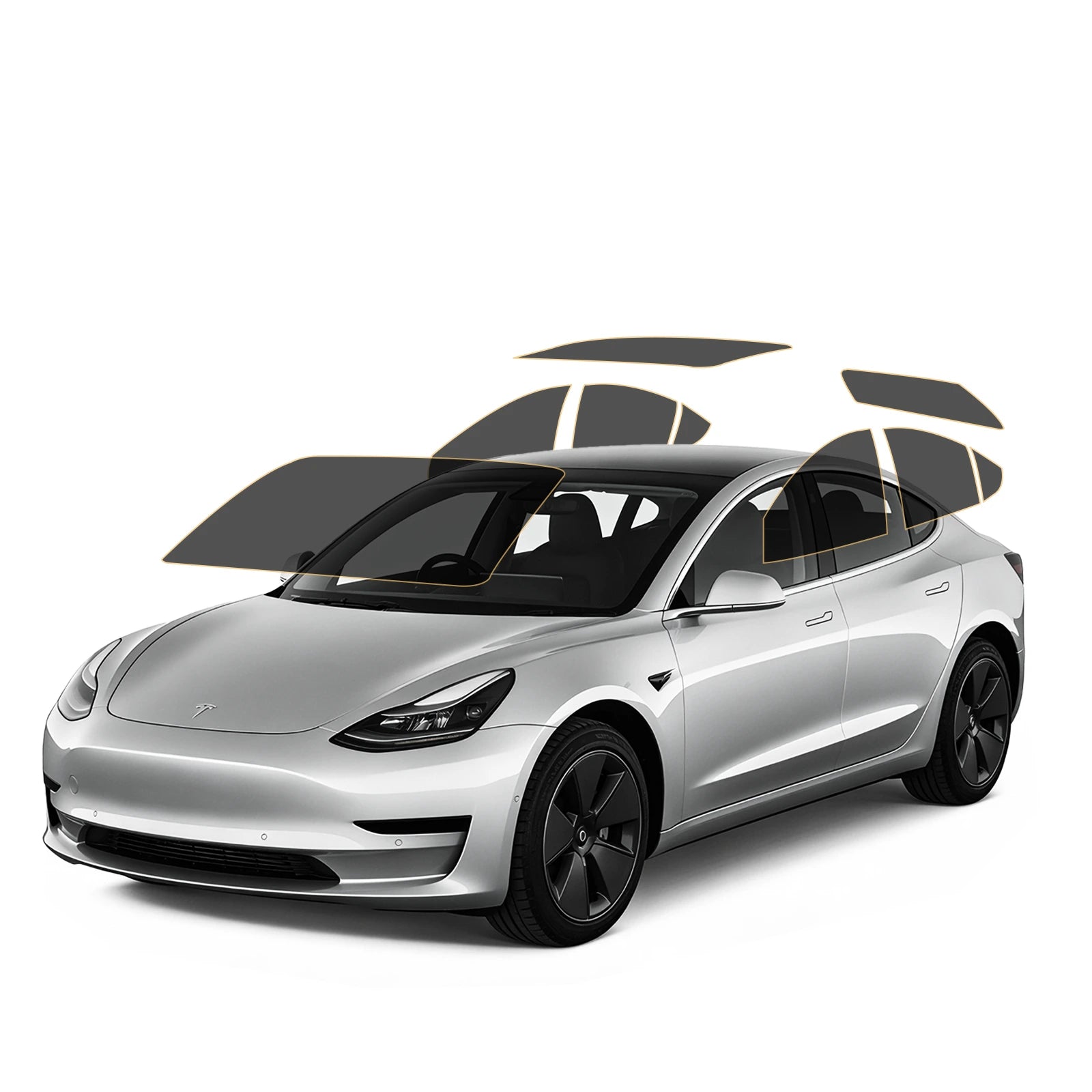 Silver Tesla car with precut tint black roof and wheels on a white background