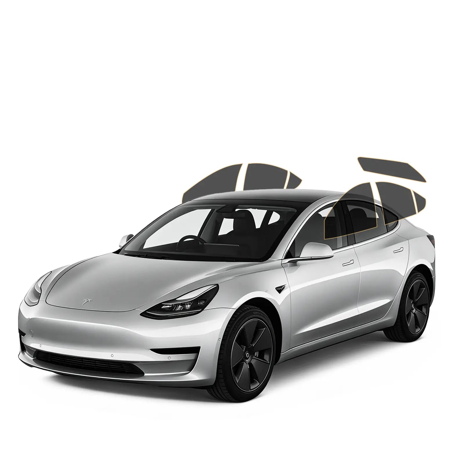 Silver Tesla car on a white background with precut tint on back doors and rear window