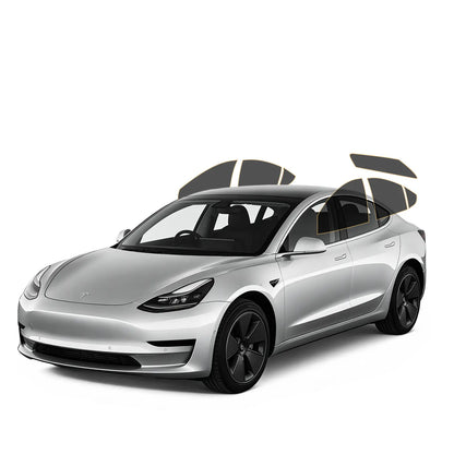 Silver Tesla car on a white background with precut tint on back doors and rear window