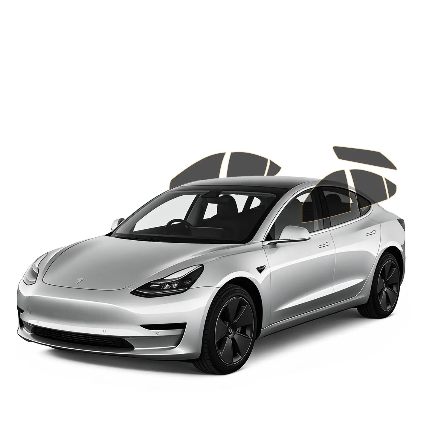 Silver Tesla car on a white background showing precut tint