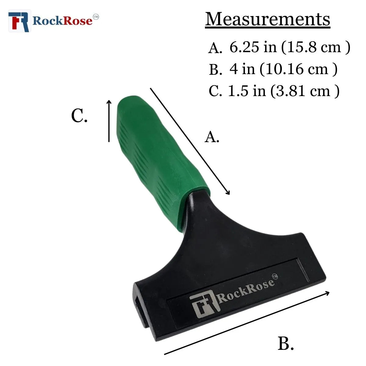 Green long beam squeegee with rockrose logo with measurements