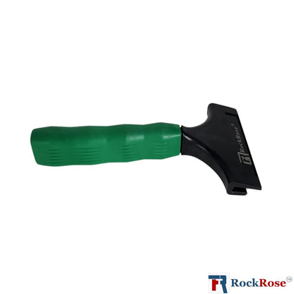 A black squeegee with a green rubber grip handle. The brand 'Rockrose' is printed on the squeegee side view.