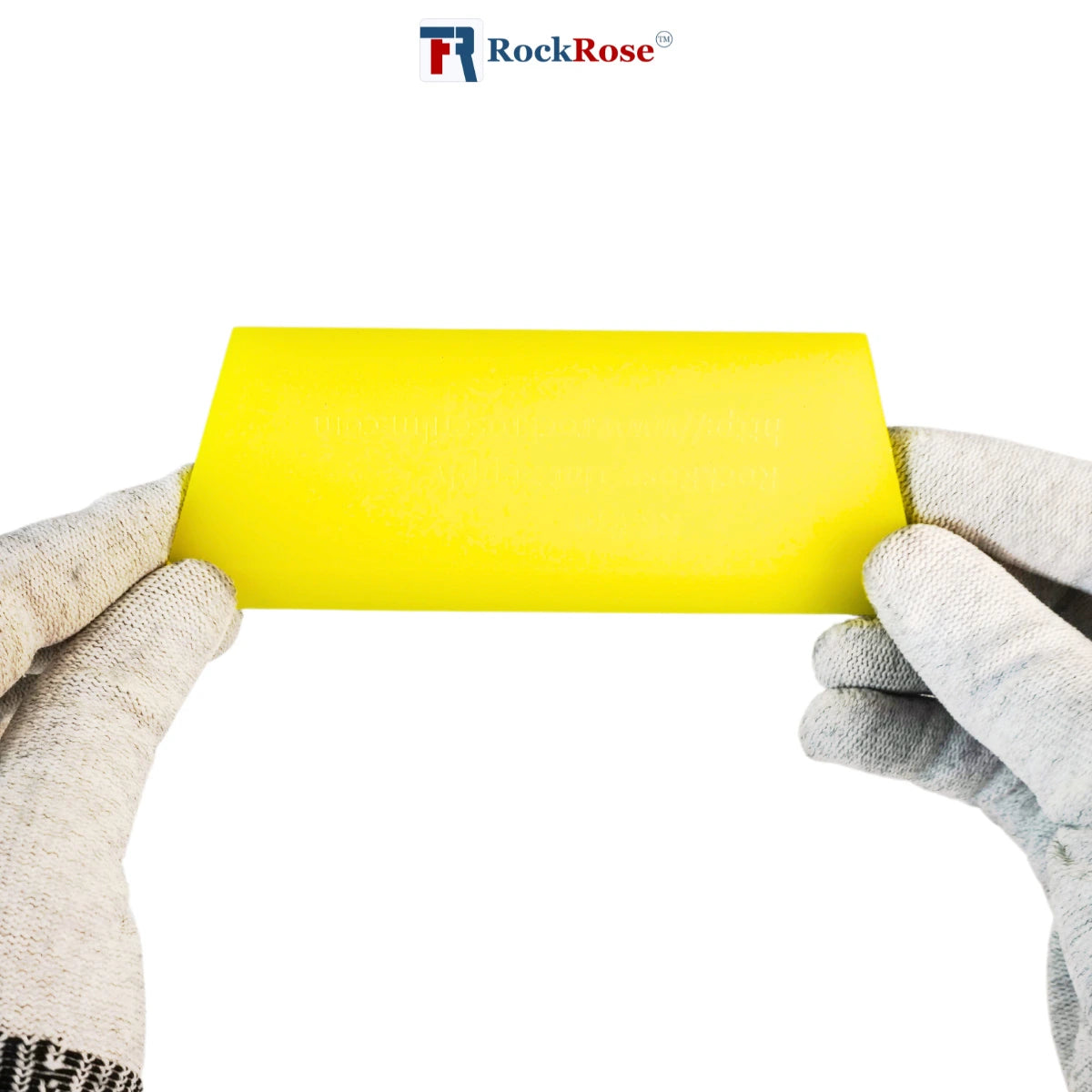 Yellow paint squeegee held by both gloved hands with RockRose logo in the corner