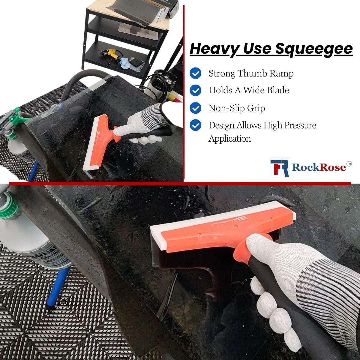 Heavy use squeegee with RockRose branding and features listed.