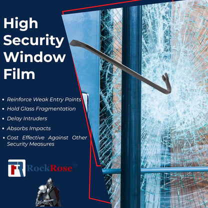 Promotional graphic for RockRose High Security Window Film, showing a close-up of a shattered glass window with a crowbar embedded in it, alongside text listing product benefits and the RockRose logo.