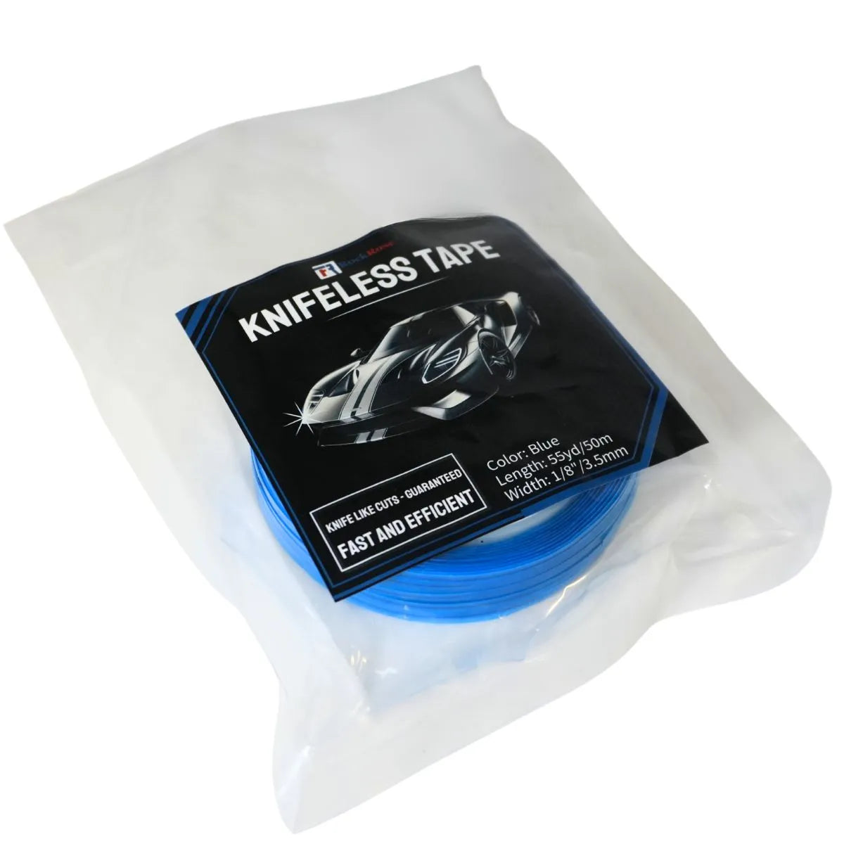 Blue knifeless tape in packaging with branding on a white background