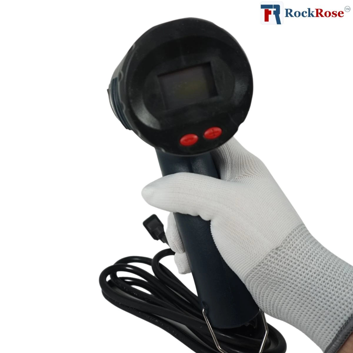 LCD Digital Heat Gun 1800W  with a digital display and red buttons, held by a gloved hand on a white background.