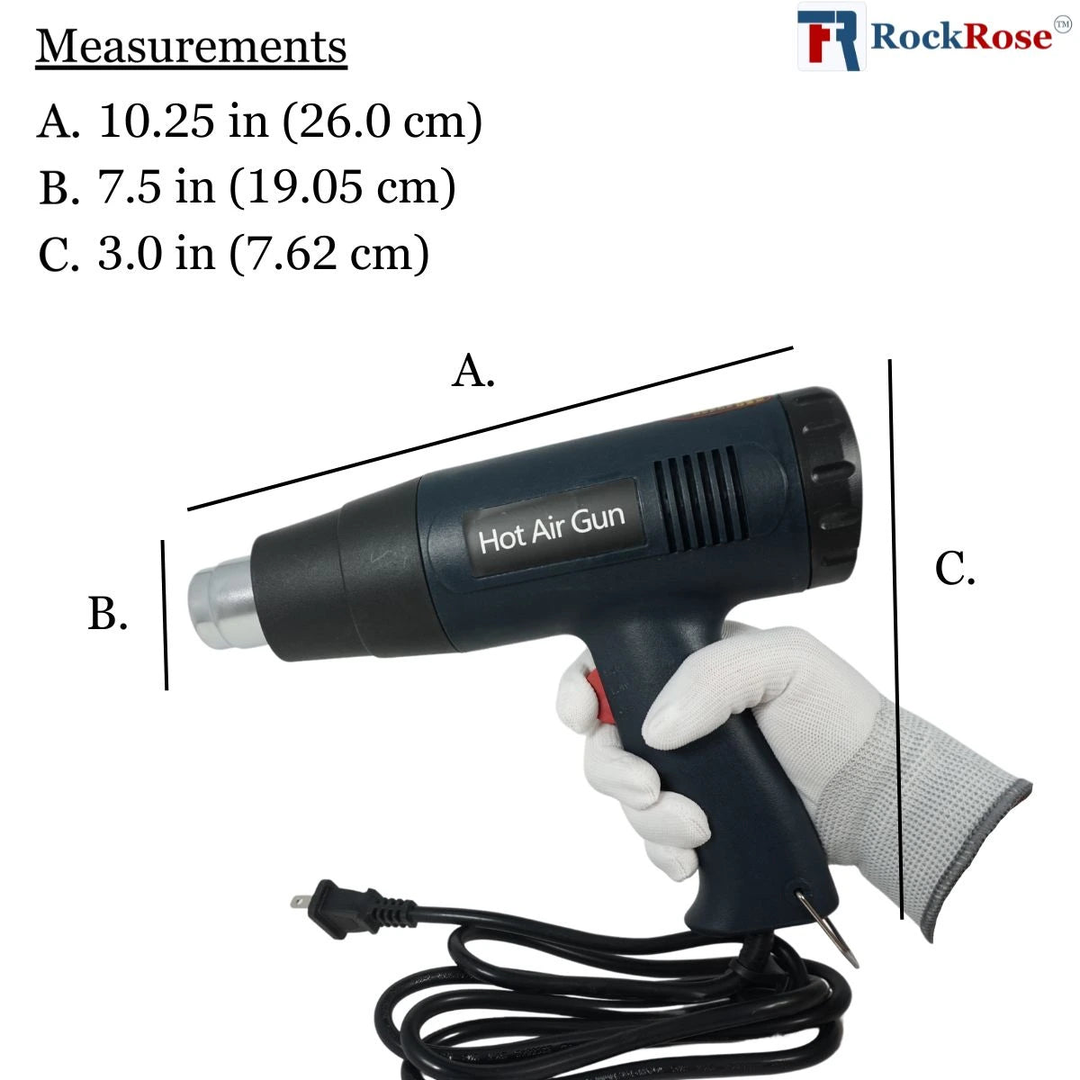 Hot air gun with measurements and RockRose logo