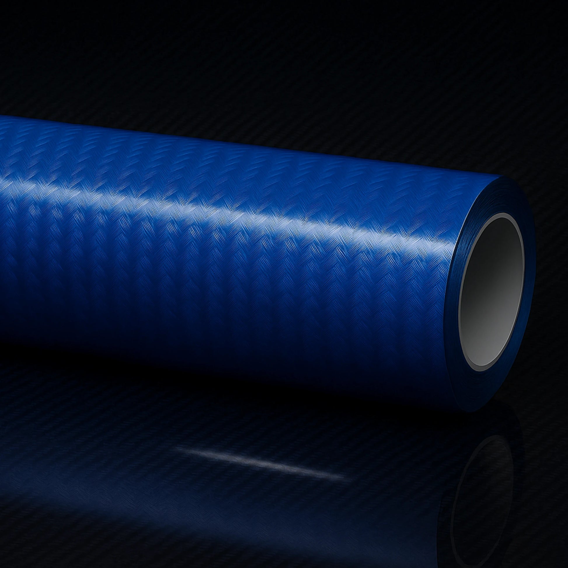 Roll of RockRose 7D carbon fiber wrap in bold blue, featuring a high-gloss finish and woven texture for premium automotive customization.