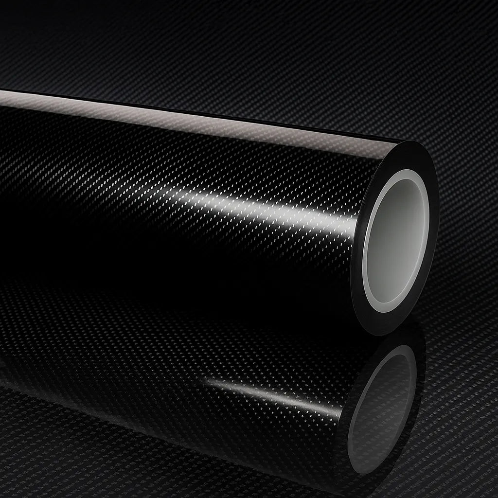 Glossy black 7D carbon fiber vinyl wrap roll displayed on a matching carbon fiber background, showcasing reflective texture and high-end finish.