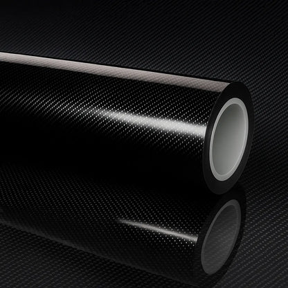 Glossy black 7D carbon fiber vinyl wrap roll displayed on a matching carbon fiber background, showcasing reflective texture and high-end finish.