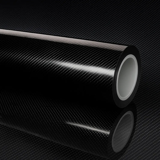 Glossy black 7D carbon fiber vinyl wrap roll displayed on a matching carbon fiber background, showcasing reflective texture and high-end finish.