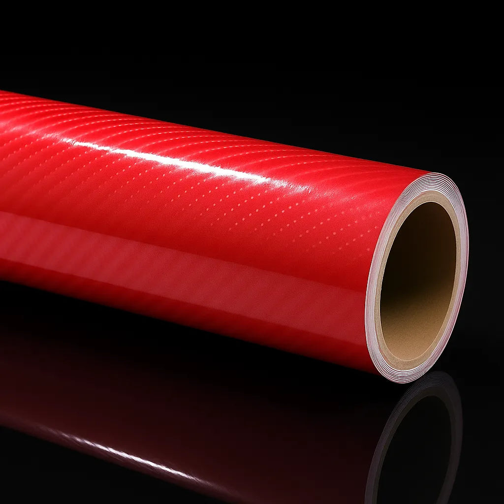 Glossy red 7D carbon fiber vinyl wrap roll displayed on a reflective black surface, showcasing its high-definition texture and vibrant finish.