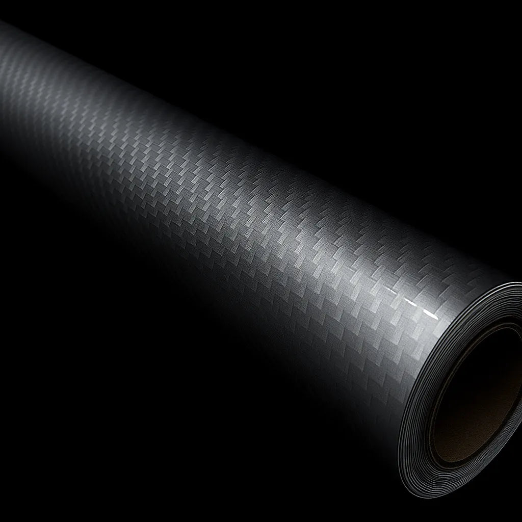 Roll of RockRose 7D carbon fiber wrap film in black, showcasing its premium weave texture and high-gloss finish under studio lighting.