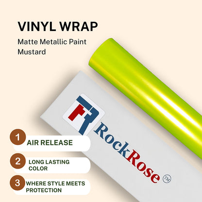 RockRose Matte Metallic Paint Vinyl Wrap - Car Wrap Film for Interior Applications - Air Release Feature Vehicle Wrap Vinyl - UV Resistance Adhesive Back Automotive Vinyl - Mustard