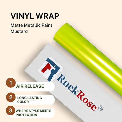 Roll of vinyl wrap with RockRose branding on a beige background matte mettalic mustard paint