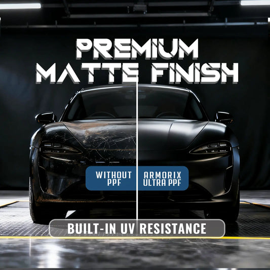 Car comparison with 'Without PPF' and 'Armorix Ultra PPF' labels on a dark background.