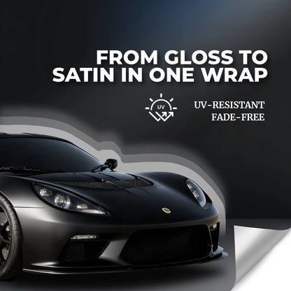 Black sports car with text 'From Gloss to Satin in One Wrap' on a dark background by rockrosetint