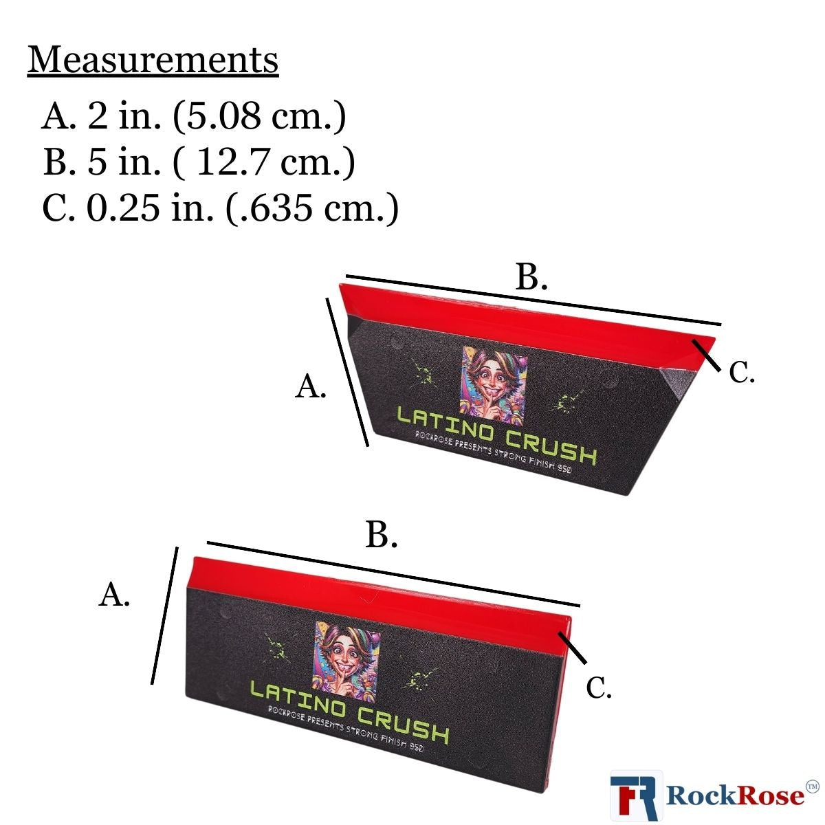 Red Latino crush bevel blade showing measurements design with rockrose logo