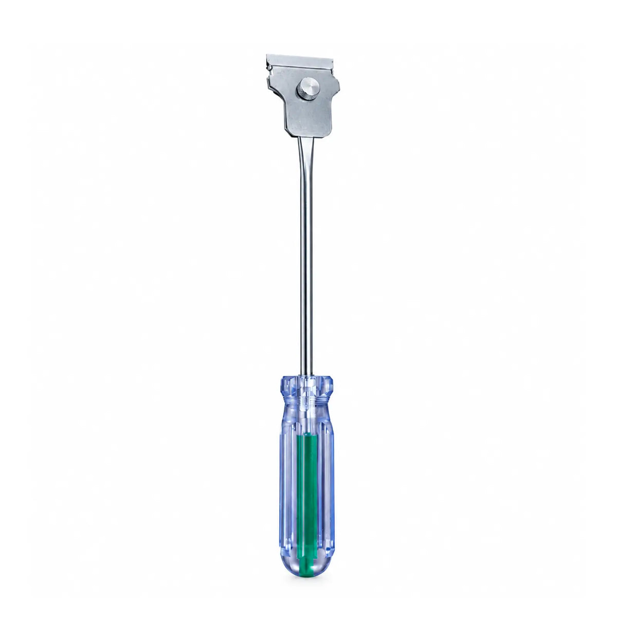 A  Metal Window Tint Scraper  front view with a silver metal shaft and head, featuring a transparent blue handle with a green core, shown against a plain white background.