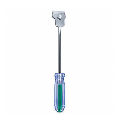 A  Metal Window Tint Scraper  front view with a silver metal shaft and head, featuring a transparent blue handle with a green core, shown against a plain white background.