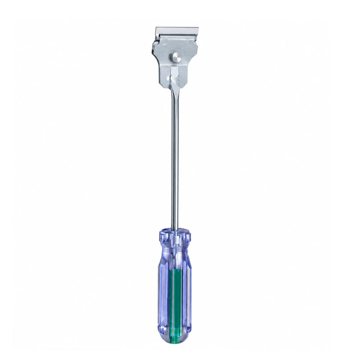 A  Metal Window Tint Scraper with a clear plastic handle showing a green inner shaft, and a silver metal head, isolated on a white background.
