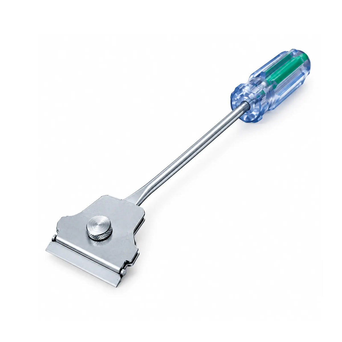 A Metal Window Tint Scraper  with a silver metal blade and a translucent handle showing blue and green layers, set against a plain white background.