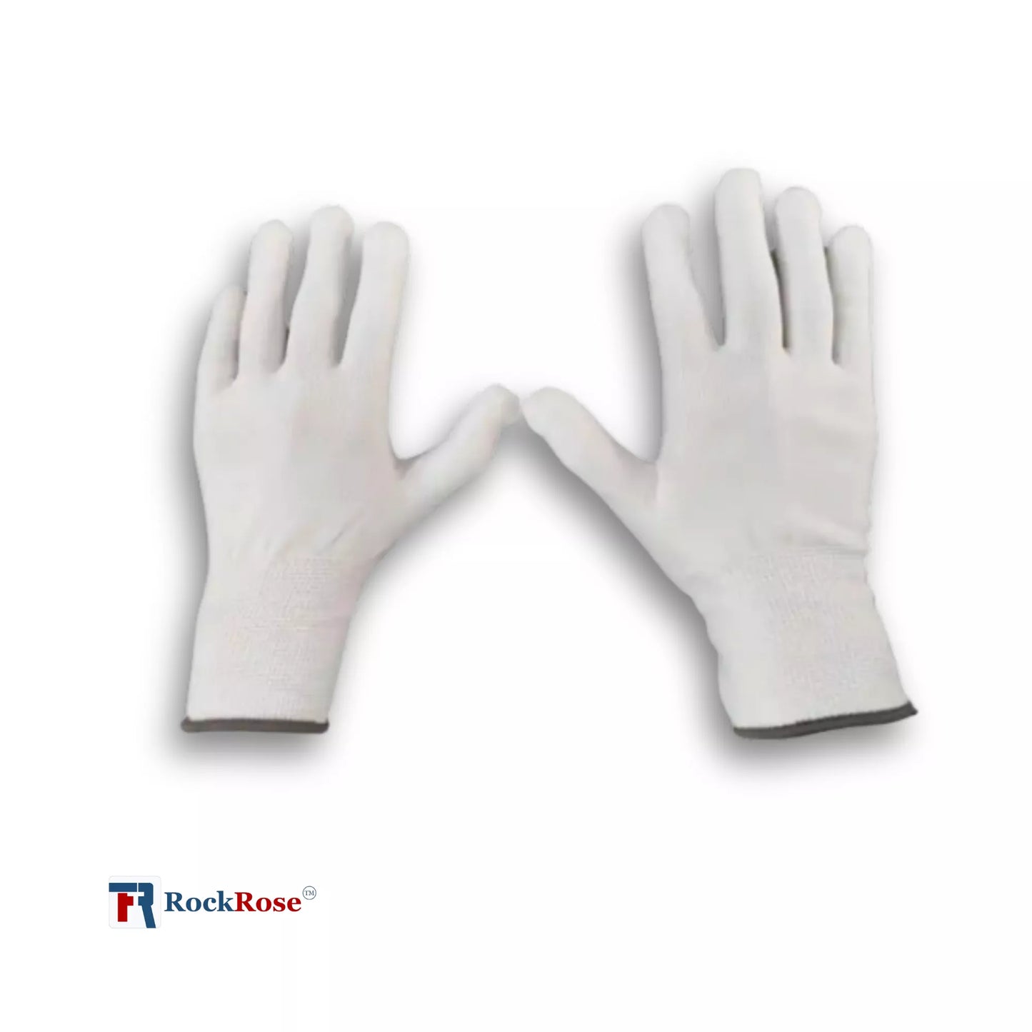 Pair of white gloves on a white background with RockRose logo.