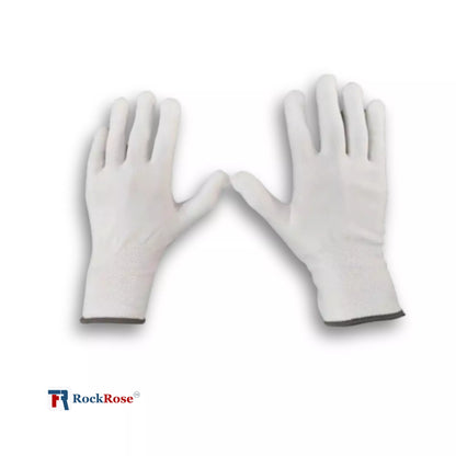Pair of white gloves on a white background with RockRose logo.
