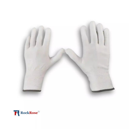 Pair of white gloves on a white background with RockRose logo.