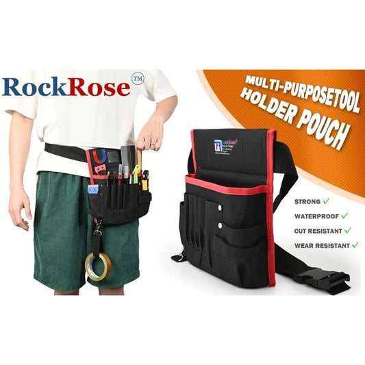 RockRose multi-purpose tool holder pouch shown on a model wearing a white shirt and green shorts, alongside a standalone view of the black and red tool bag with feature callouts on a white background.