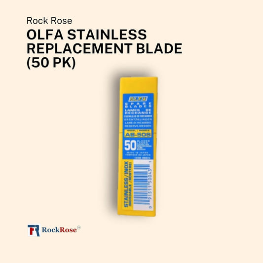 Rock Rose OLFA Stainless Steel replacement blade pack, featuring a single yellow and blue package of blade AB-505 on a light beige background with product text and a Rock Rose logo.