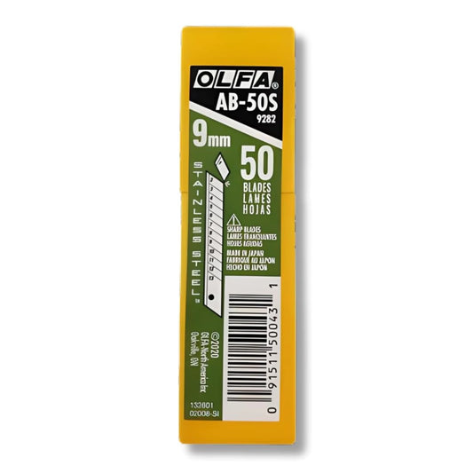 OLFA AB-50S 9mm 50 count replacement sewing blades in a yellow and green cardboard packaging, shown on a white background.