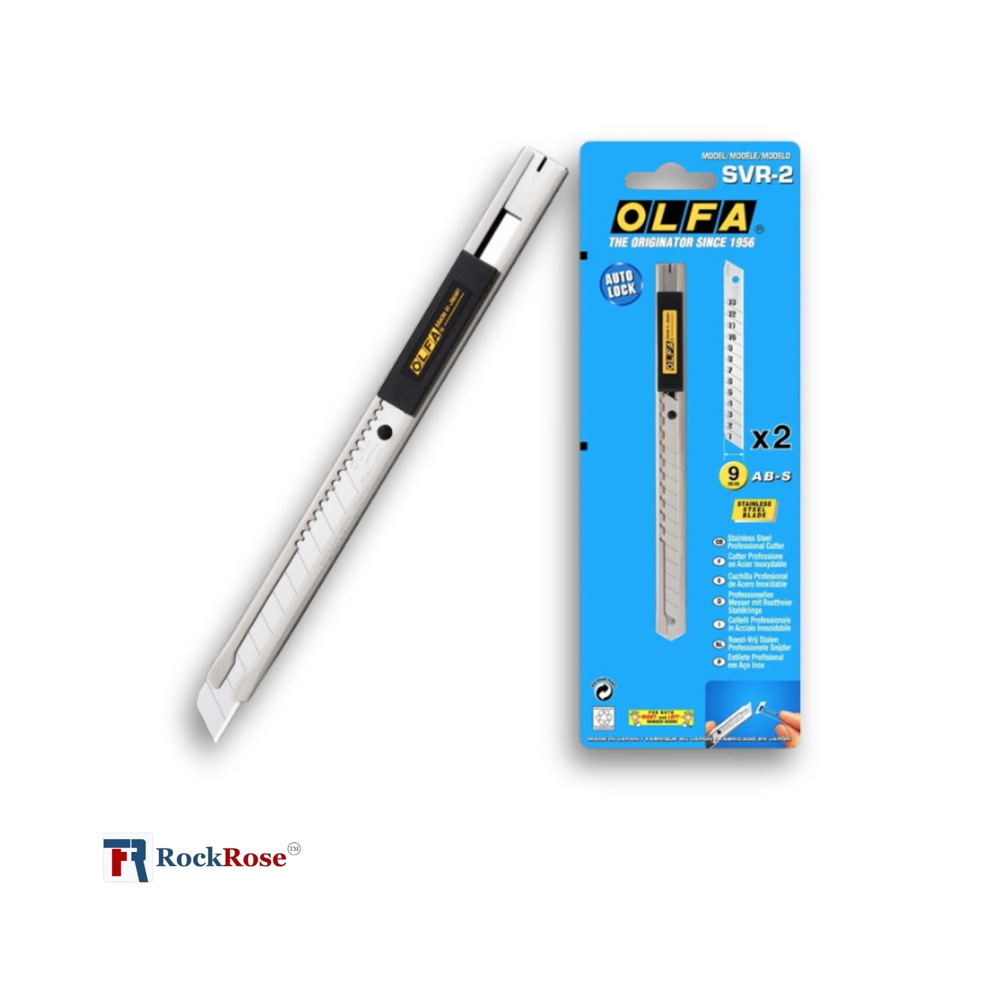 OLFA SVR-2 utility knife shown uncapped next to its blue retail packaging, with a RockRose watermark in the lower-left corner.